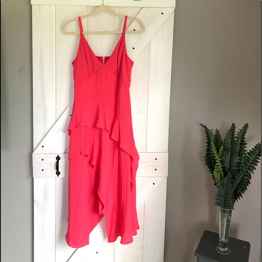 Women’s Bleecker 126 Hot Pink Spaghetti Strap Dress  V-neck Ruffles Size 8